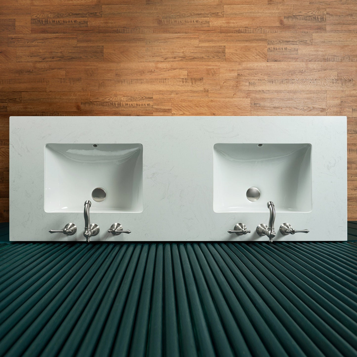 WOODBRIDGE 60"X22" Bathroom Vanity in White with Double Ceramic Undermount Sinks, White Engineered Stone Vanity Top– 3D Wave Pattern Doors, Sleek Thin-Leg Frame, Space-Saving for Modern Living