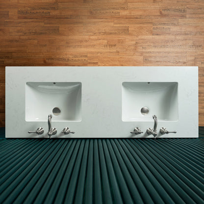 WOODBRIDGE 60"X22" Bathroom Vanity in White with Double Ceramic Undermount Sinks, White Engineered Stone Vanity Top– 3D Wave Pattern Doors, Sleek Thin-Leg Frame, Space-Saving for Modern Living
