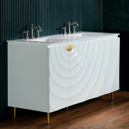 WOODBRIDGE 60"X22" Bathroom Vanity in White with Double Ceramic Undermount Sinks, White Engineered Stone Vanity Top– 3D Wave Pattern Doors, Sleek Thin-Leg Frame, Space-Saving for Modern Living