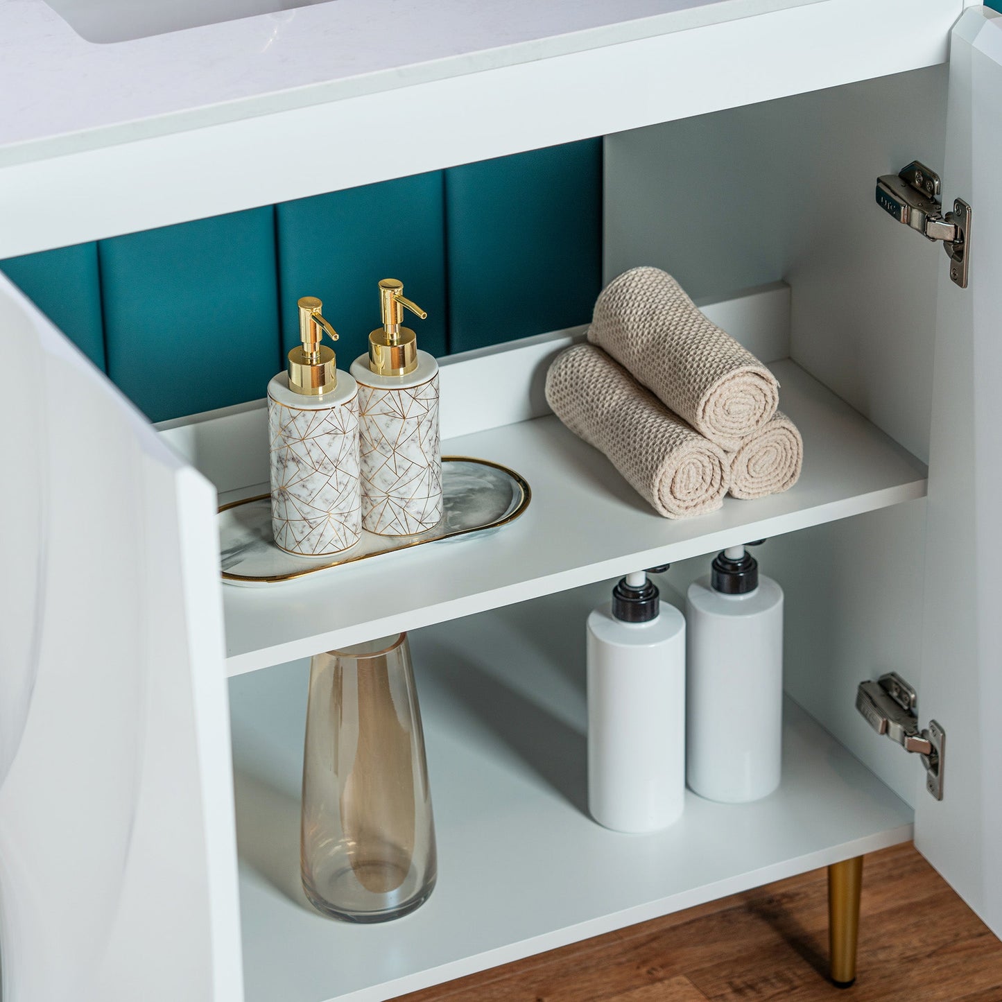 WOODBRIDGE 60"X22" Bathroom Vanity in White with Double Ceramic Undermount Sinks, White Engineered Stone Vanity Top– 3D Wave Pattern Doors, Sleek Thin-Leg Frame, Space-Saving for Modern Living