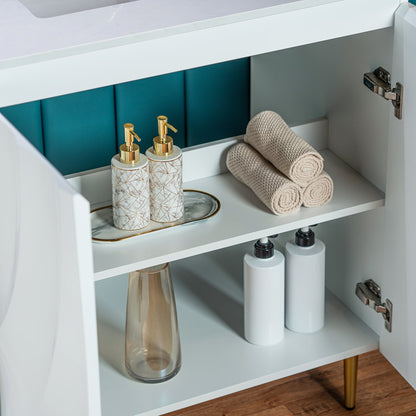 WOODBRIDGE 60"X22" Bathroom Vanity in White with Double Ceramic Undermount Sinks, White Engineered Stone Vanity Top– 3D Wave Pattern Doors, Sleek Thin-Leg Frame, Space-Saving for Modern Living
