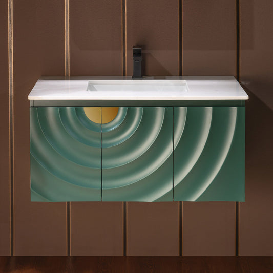 WOODBRIDGE 36"X22" Wall Mounted Floating Bathroom Vanity in Green with Single Ceramic Undermount Sink, White Engineered Stone Vanity Top– 3D Wave Pattern Doors, Space-Saving for Modern Living