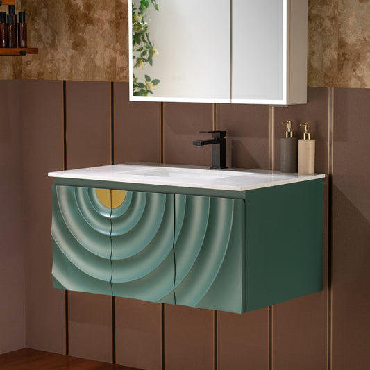 WOODBRIDGE 36"X22" Wall Mounted Floating Bathroom Vanity in Green with Single Ceramic Undermount Sink, White Engineered Stone Vanity Top– 3D Wave Pattern Doors, Space-Saving for Modern Living