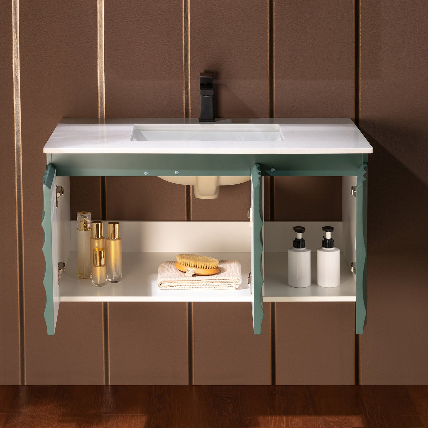 WOODBRIDGE 36"X22" Wall Mounted Floating Bathroom Vanity in Green with Single Ceramic Undermount Sink, White Engineered Stone Vanity Top– 3D Wave Pattern Doors, Space-Saving for Modern Living