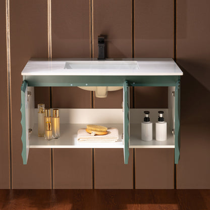 WOODBRIDGE 36"X22" Wall Mounted Floating Bathroom Vanity in Green with Single Ceramic Undermount Sink, White Engineered Stone Vanity Top– 3D Wave Pattern Doors, Space-Saving for Modern Living