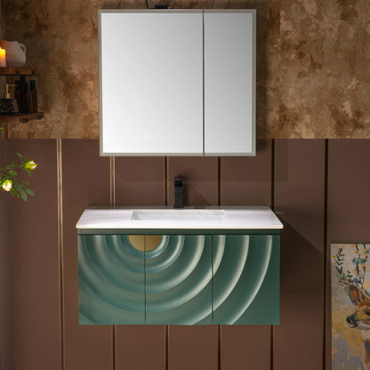 WOODBRIDGE 36"X22" Wall Mounted Floating Bathroom Vanity in Green with Single Ceramic Undermount Sink, White Engineered Stone Vanity Top– 3D Wave Pattern Doors, Space-Saving for Modern Living