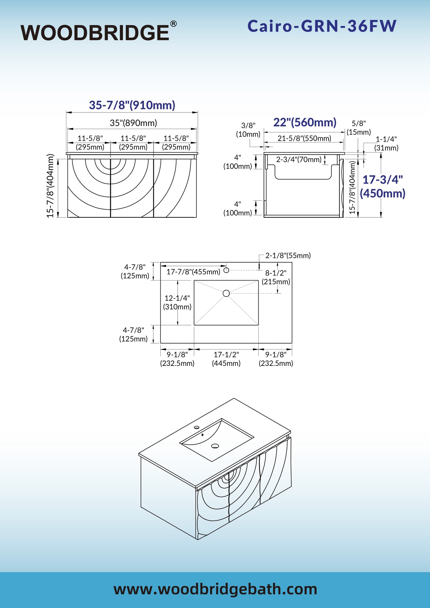 WOODBRIDGE 36"X22" Wall Mounted Floating Bathroom Vanity in Green with Single Ceramic Undermount Sink, White Engineered Stone Vanity Top– 3D Wave Pattern Doors, Space-Saving for Modern Living
