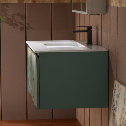 WOODBRIDGE 36"X22" Wall Mounted Floating Bathroom Vanity in Green with Single Ceramic Undermount Sink, White Engineered Stone Vanity Top– 3D Wave Pattern Doors, Space-Saving for Modern Living