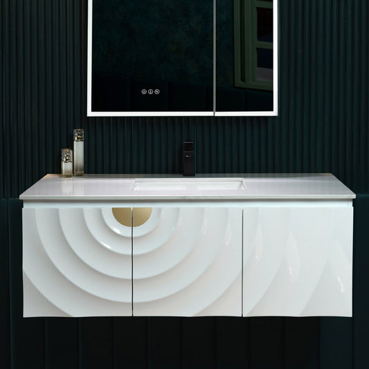 WOODBRIDGE 48"X22" Wall Mounted Floating Bathroom Vanity in White with Single Ceramic Undermount Sink, White Engineered Stone Vanity Top– 3D Wave Pattern Doors, Space-Saving for Modern Living