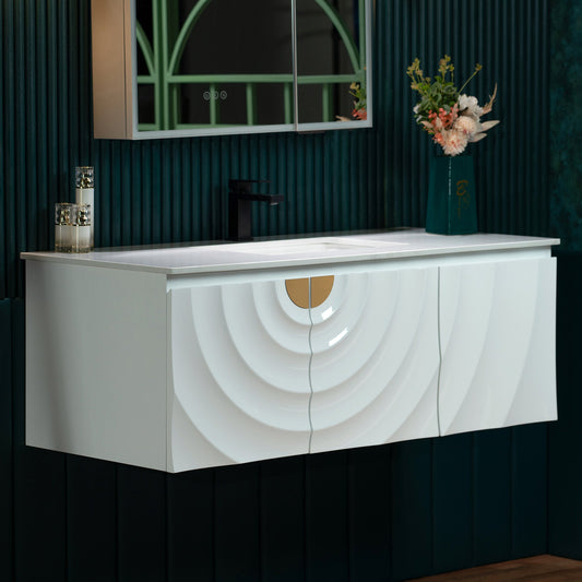 WOODBRIDGE 48"X22" Wall Mounted Floating Bathroom Vanity in White with Single Ceramic Undermount Sink, White Engineered Stone Vanity Top– 3D Wave Pattern Doors, Space-Saving for Modern Living