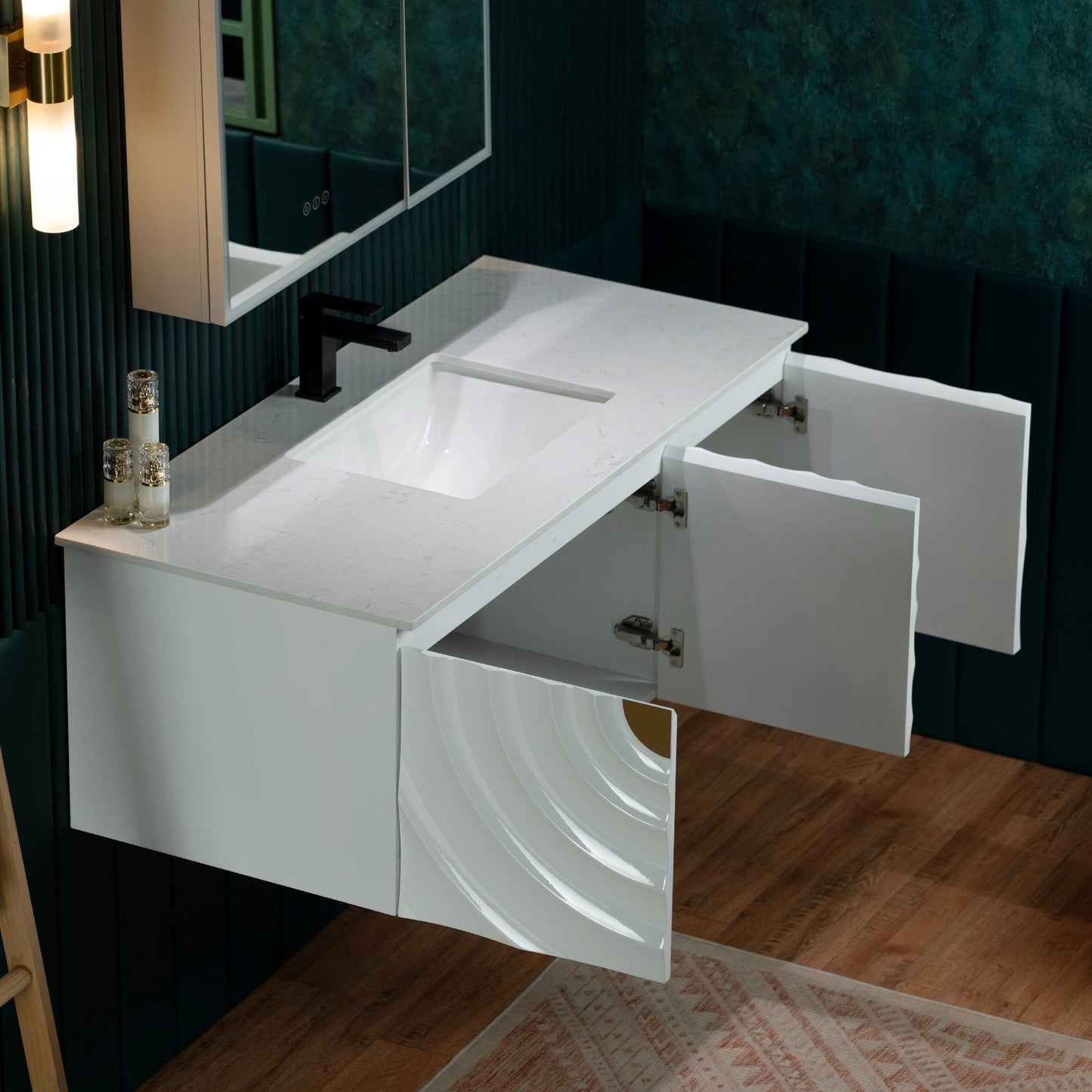 WOODBRIDGE 48"X22" Wall Mounted Floating Bathroom Vanity in White with Single Ceramic Undermount Sink, White Engineered Stone Vanity Top– 3D Wave Pattern Doors, Space-Saving for Modern Living
