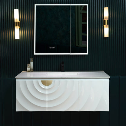 WOODBRIDGE 48"X22" Wall Mounted Floating Bathroom Vanity in White with Single Ceramic Undermount Sink, White Engineered Stone Vanity Top– 3D Wave Pattern Doors, Space-Saving for Modern Living