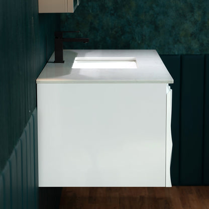 WOODBRIDGE 48"X22" Wall Mounted Floating Bathroom Vanity in White with Single Ceramic Undermount Sink, White Engineered Stone Vanity Top– 3D Wave Pattern Doors, Space-Saving for Modern Living