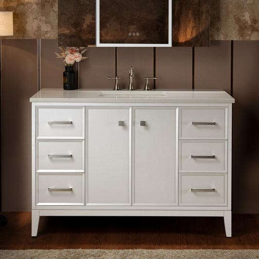 WOODBRIDGE 49" White Single Sink Bathroom Vanity Engineered Stone Top, Pre-drilled for 8 in. widespread faucets, Solid Wood Frame & Drawers, Fully Assembled and Ready to Install.