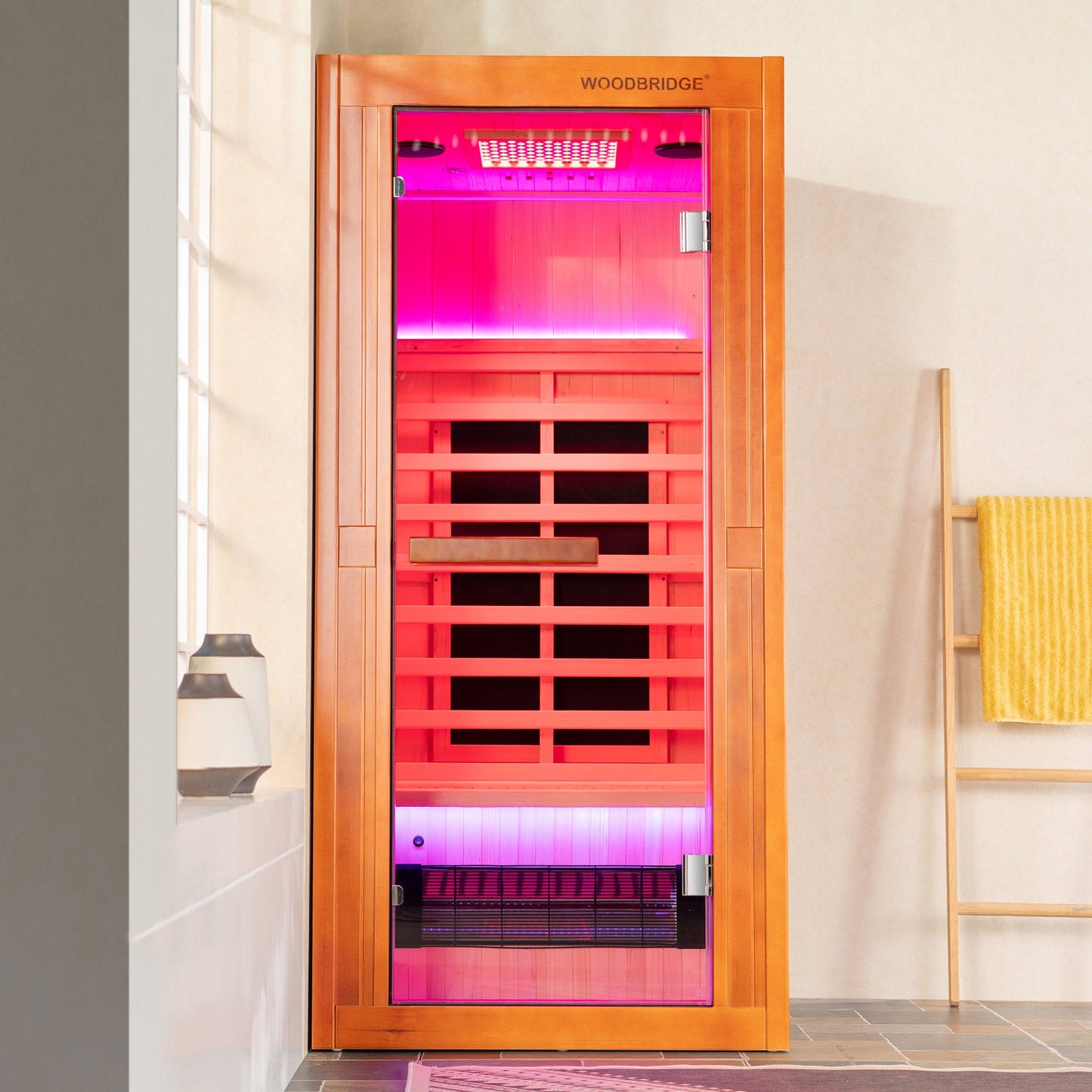 1-Person Indoor FAR Infrared Sauna in Premium Canadian Hemlock with Red Light Therapy, Bluetooth Speakers, Smart Control Panel & Chromotherapy Lighting