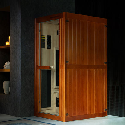 1-Person Indoor FAR Infrared Sauna in Premium Canadian Hemlock with Red Light Therapy, Bluetooth Speakers, Smart Control Panel & Chromotherapy Lighting