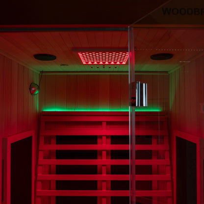 2-Person Indoor FAR Infrared Sauna Crafted from Canadian Hemlock with Red Light Therapy, Bluetooth Speaker, Smart Control Panel & Chromotherapy Lighting