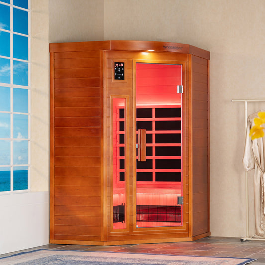 2-Person Indoor FAR Infrared Corner Sauna in Canadian Hemlock with Red Light Therapy, Bluetooth Speaker, Smart Control Panel & Chromotherapy Lighting