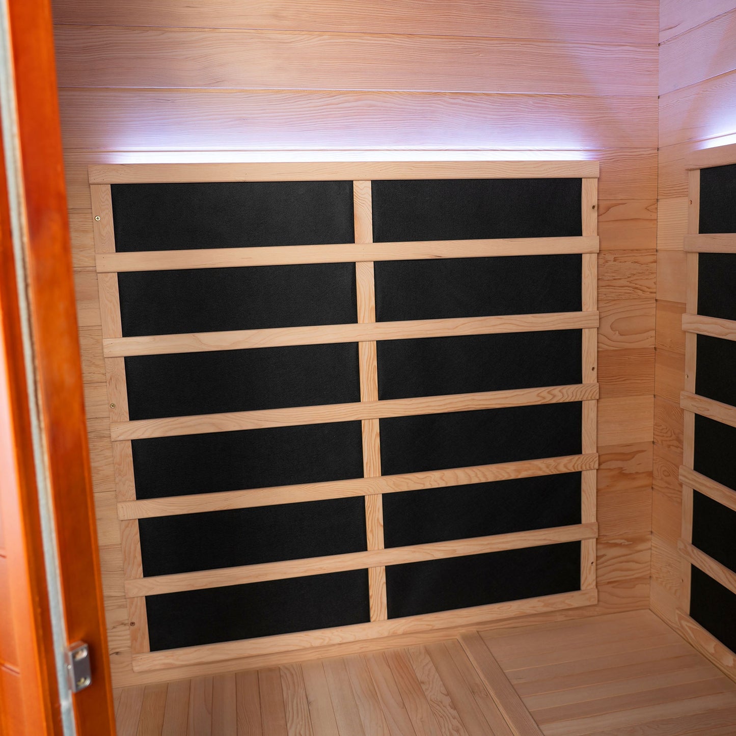 2-Person Indoor FAR Infrared Corner Sauna in Canadian Hemlock with Red Light Therapy, Bluetooth Speaker, Smart Control Panel & Chromotherapy Lighting