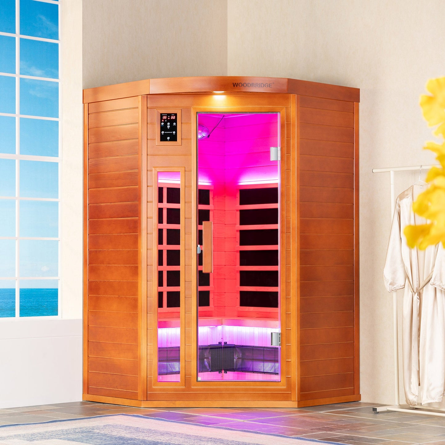 2-Person Indoor FAR Infrared Corner Sauna in Canadian Hemlock with Red Light Therapy, Bluetooth Speaker, Smart Control Panel & Chromotherapy Lighting