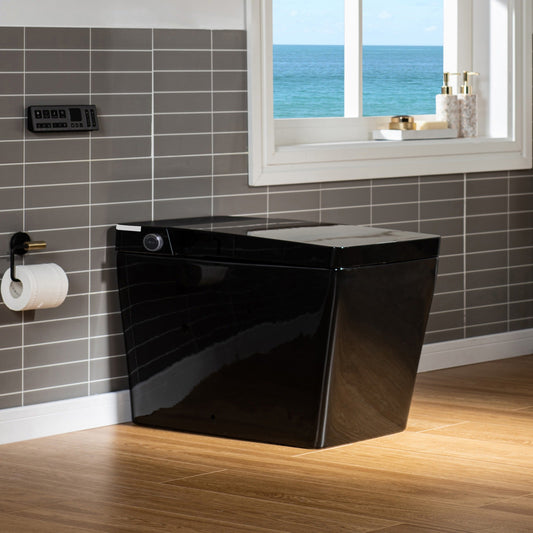 WOODBRIDGE EBT-HB02 One-Piece Square Smart Bidet Toilet with Auto Open & Close, Foot Sensor, Auto Flush, Multiple Spray Modes, Heated Seat, Warm Water and Air Dryer, Auto LED Nightlight, Glossy Black