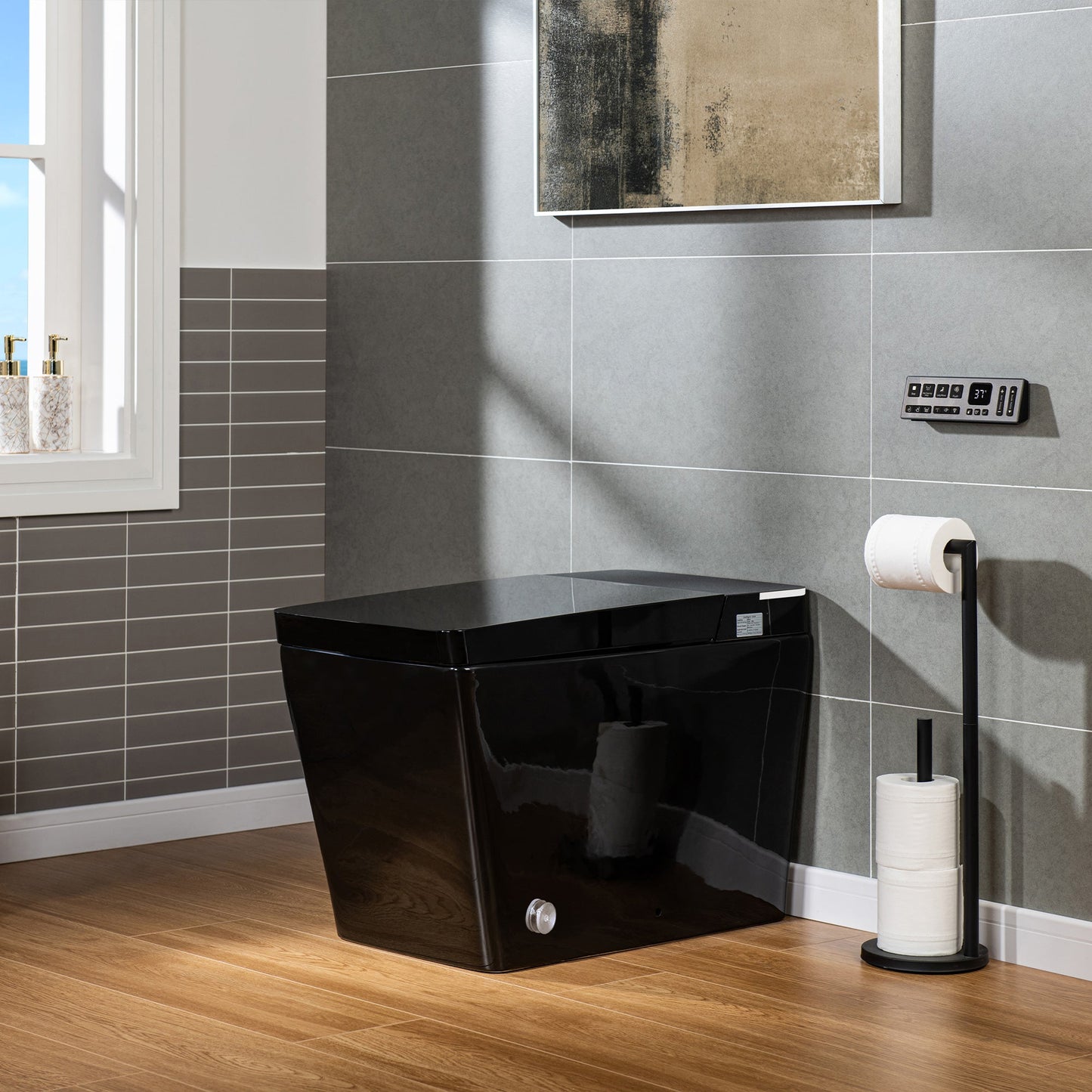 WOODBRIDGE EBT-HB02 One-Piece Square Smart Bidet Toilet with Auto Open & Close, Foot Sensor, Auto Flush, Multiple Spray Modes, Heated Seat, Warm Water and Air Dryer, Auto LED Nightlight, Glossy Black