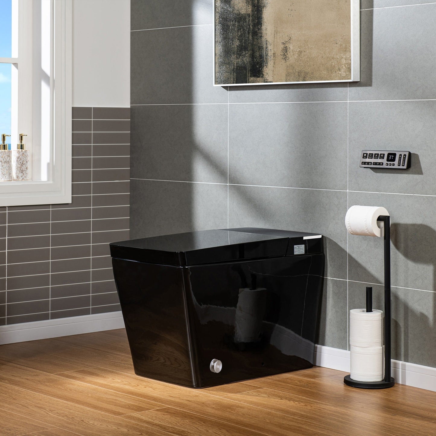 WOODBRIDGE EBT-HB02 One-Piece Square Smart Bidet Toilet with Auto Open & Close, Foot Sensor, Auto Flush, Multiple Spray Modes, Heated Seat, Warm Water and Air Dryer, Auto LED Nightlight, Glossy Black