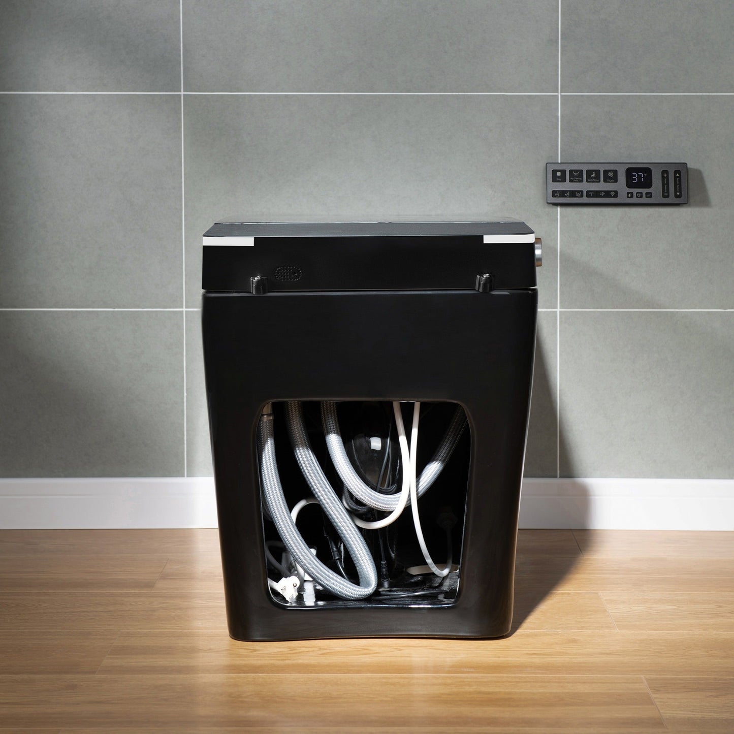 WOODBRIDGE EBT-HB02 One-Piece Square Smart Bidet Toilet with Auto Open & Close, Foot Sensor, Auto Flush, Multiple Spray Modes, Heated Seat, Warm Water and Air Dryer, Auto LED Nightlight, Glossy Black