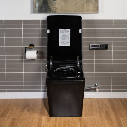 WOODBRIDGE EBT-HB02 One-Piece Square Smart Bidet Toilet with Auto Open & Close, Foot Sensor, Auto Flush, Multiple Spray Modes, Heated Seat, Warm Water and Air Dryer, Auto LED Nightlight, Glossy Black