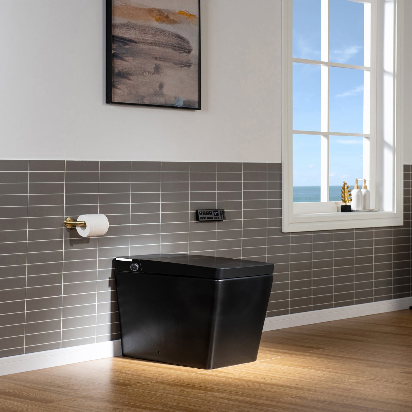WOODBRIDGE EBT-MB03 One Piece Square Smart Bidet Toilet with Auto Open & Close, Foot Sensor, Auto Flush, Multiple Spray Modes, Heated Seat, Warm Water and Air Dryer, Auto LED Nightlight, Matte Black