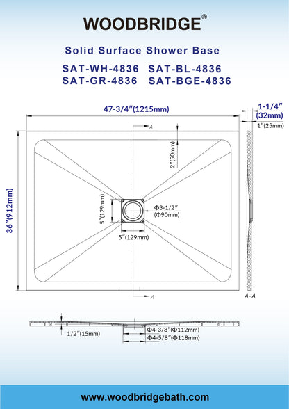 WOODBRIDGE 47.75-in L x 36-in W Zero-Threshold End-Drain Shower Base with Center Drain Placement, Matching Decorative Drain Plate and Tile Flange, Wheel Chair Access, Low Profile