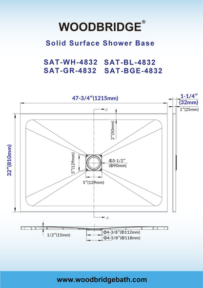 WOODBRIDGE 47.75-in L x 32-in W Zero-Threshold End-Drain Shower Base with Center Drain Placement, Matching Decorative Drain Plate and Tile Flange, Wheel Chair Access, Low Profile