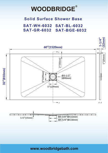 WOODBRIDGE 60-in L x 32-in W Zero-Threshold End-Drain Shower Base with Center Drain Placement, Matching Decorative Drain Plate and Tile Flange, Wheel Chair Access, Low Profile