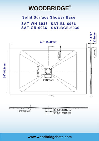 WOODBRIDGE 60-in L x 36-in W Zero-Threshold End-Drain Shower Base with Center Drain Placement, Matching Decorative Drain Plate and Tile Flange, Wheel Chair Access, Low Profile
