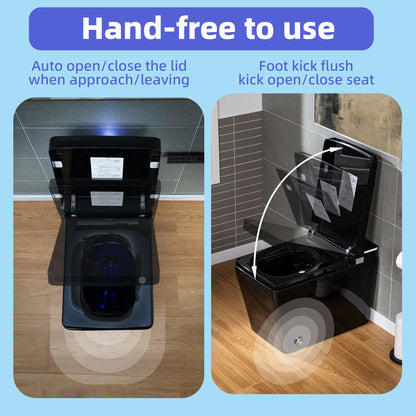 WOODBRIDGE EBT-HB02 One-Piece Square Smart Bidet Toilet with Auto Open & Close, Foot Sensor, Auto Flush, Multiple Spray Modes, Heated Seat, Warm Water and Air Dryer, Auto LED Nightlight, Glossy Black