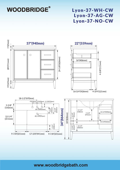 WOODBRIDGE 37" White Single Sink Bathroom Vanity Engineered Stone Top, Pre-drilled for 8 in. widespread faucets, Solid Wood Frame & Drawers, Fully Assembled and Ready to Install.