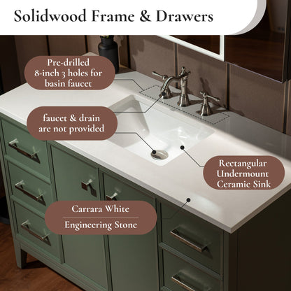 WOODBRIDGE 49" White Single Sink Bathroom Vanity Engineered Stone Top, Pre-drilled for 8 in. widespread faucets, Solid Wood Frame & Drawers, Fully Assembled and Ready to Install.