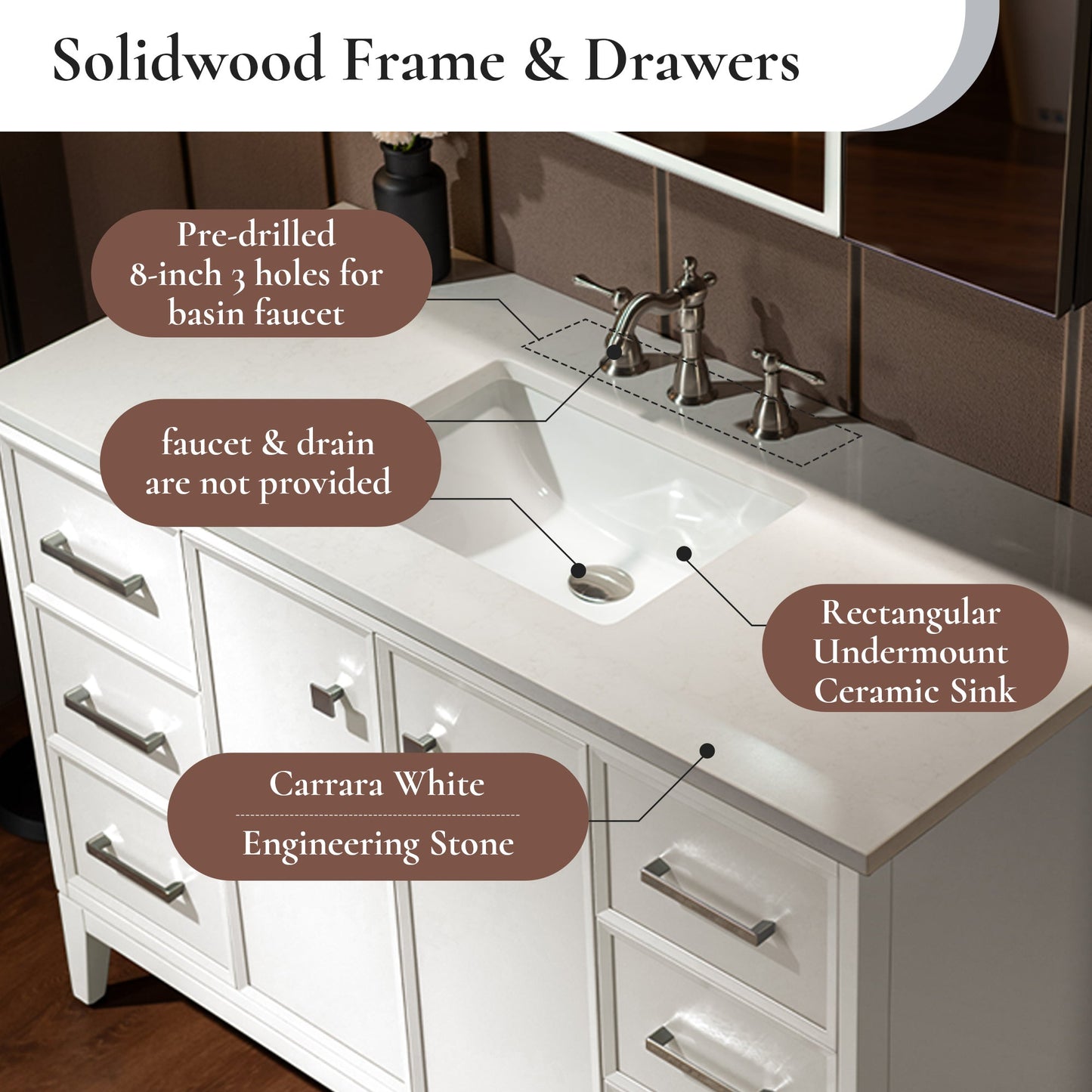 WOODBRIDGE 49" White Single Sink Bathroom Vanity Engineered Stone Top, Pre-drilled for 8 in. widespread faucets, Solid Wood Frame & Drawers, Fully Assembled and Ready to Install.