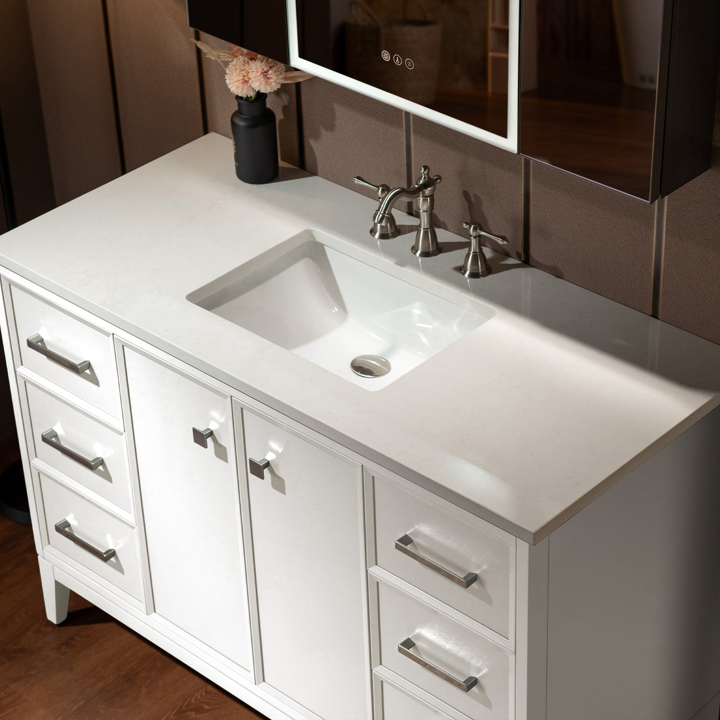 WOODBRIDGE 49" White Single Sink Bathroom Vanity Engineered Stone Top, Pre-drilled for 8 in. widespread faucets, Solid Wood Frame & Drawers, Fully Assembled and Ready to Install.