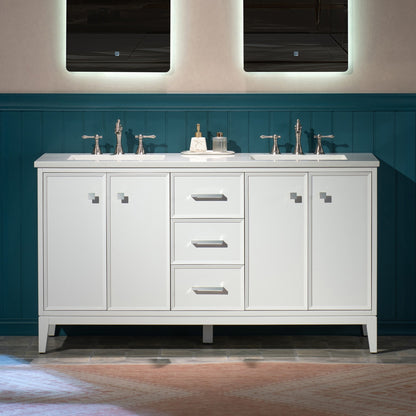 WOODBRIDGE 61" White Bathroom Vanity – Double Sink with Engineered Stone Top, Pre-drilled for 8 in. widespread faucets, Solid Wood Frame & Drawers, Fully Assembled and Ready for Installation