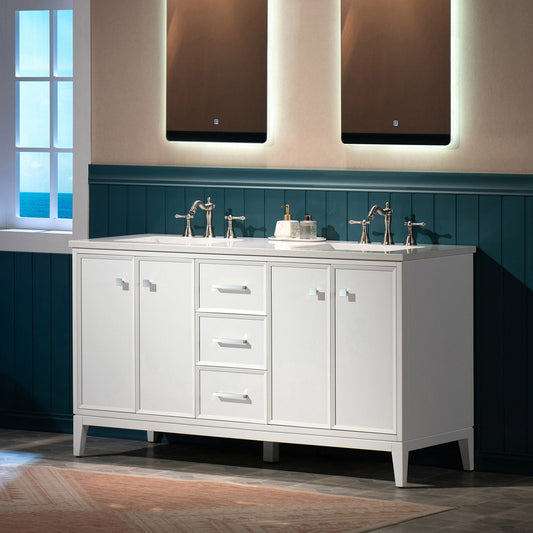 WOODBRIDGE 61" White Bathroom Vanity – Double Sink with Engineered Stone Top, Pre-drilled for 8 in. widespread faucets, Solid Wood Frame & Drawers, Fully Assembled and Ready for Installation