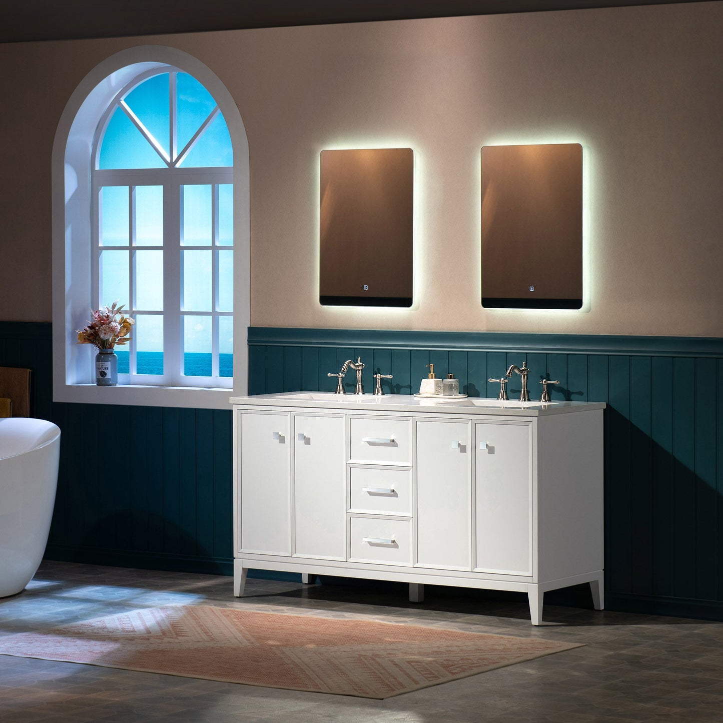 WOODBRIDGE 61" White Bathroom Vanity – Double Sink with Engineered Stone Top, Pre-drilled for 8 in. widespread faucets, Solid Wood Frame & Drawers, Fully Assembled and Ready for Installation