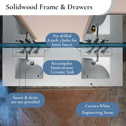 WOODBRIDGE 73" White Bathroom Vanity – Double Sink with Engineered Stone Top, Pre-drilled for 8 in. widespread faucets, Solid Wood Frame & Drawers, Fully Assembled and Ready for Installation