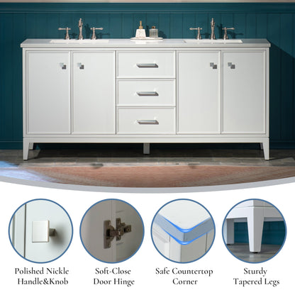 WOODBRIDGE 73" White Bathroom Vanity – Double Sink with Engineered Stone Top, Pre-drilled for 8 in. widespread faucets, Solid Wood Frame & Drawers, Fully Assembled and Ready for Installation