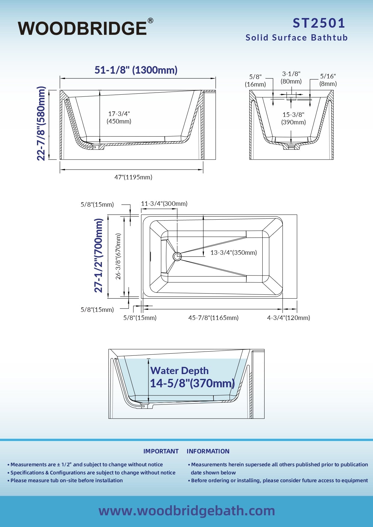 WOODBRIDGE 51-1/8" L x 27-1/2" Stone Resin Luxury Contemporary Solid Surface Freestanding Soaking Bathtub