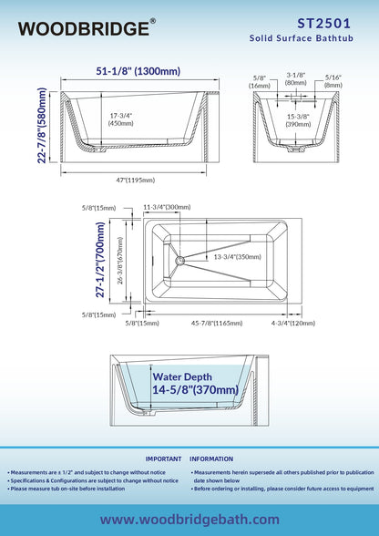WOODBRIDGE 51-1/8" L x 27-1/2" Stone Resin Luxury Contemporary Solid Surface Freestanding Soaking Bathtub