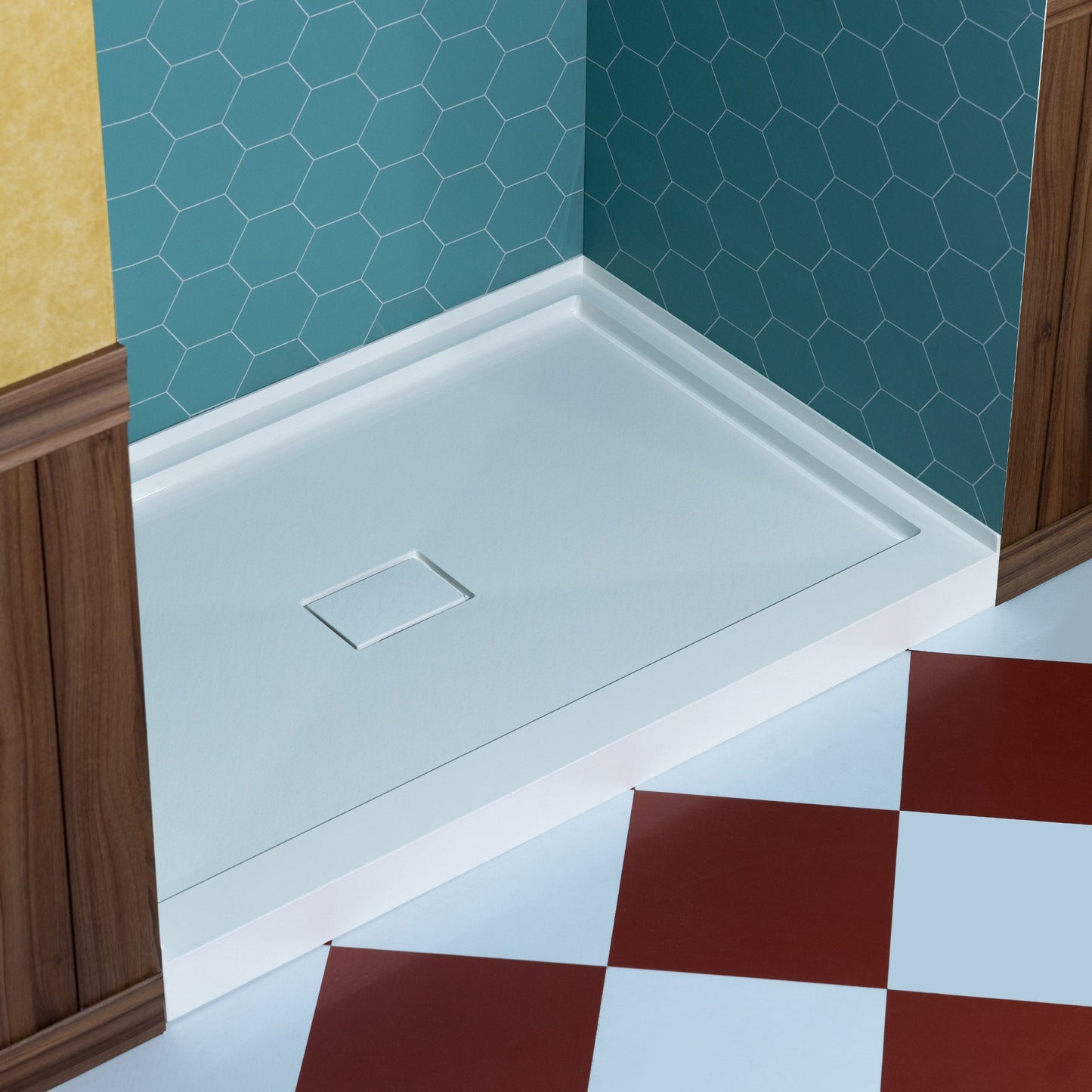 WOODBRIDGE 48 in. x 32 in. Solid Surface Shower Pan Base in White, Alcove Installation with Center Drain, Slip-Resistant & Mold-Resistant