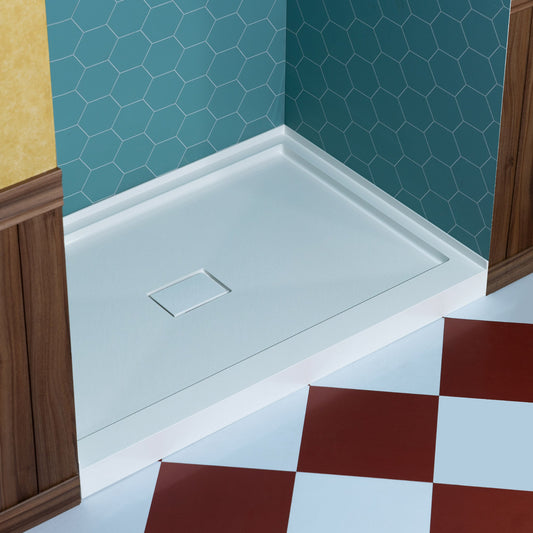 WOODBRIDGE 48 in. x 32 in. Solid Surface Shower Pan Base in White, Alcove Installation with Center Drain, Slip-Resistant & Mold-Resistant