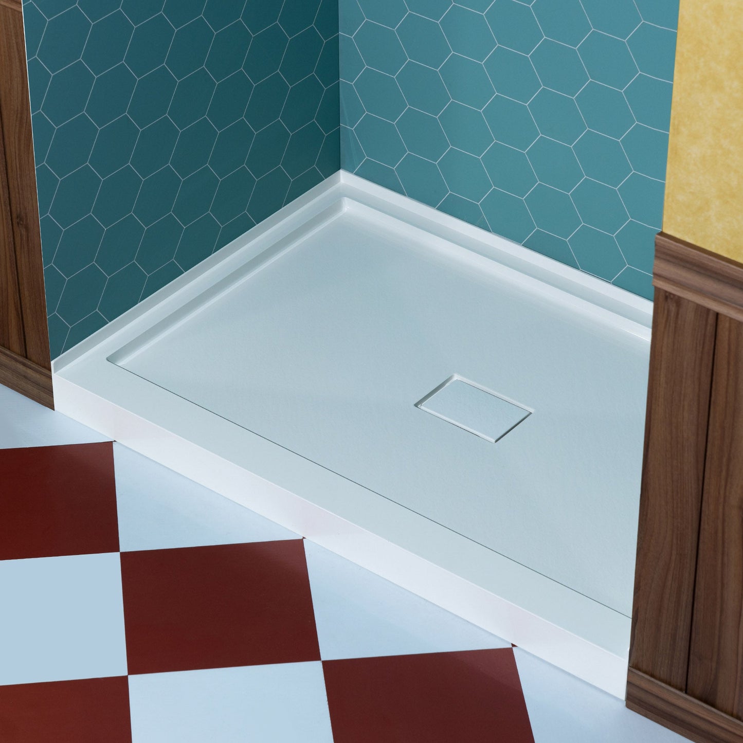 WOODBRIDGE 48 in. x 32 in. Solid Surface Shower Pan Base in White, Alcove Installation with Center Drain, Slip-Resistant & Mold-Resistant