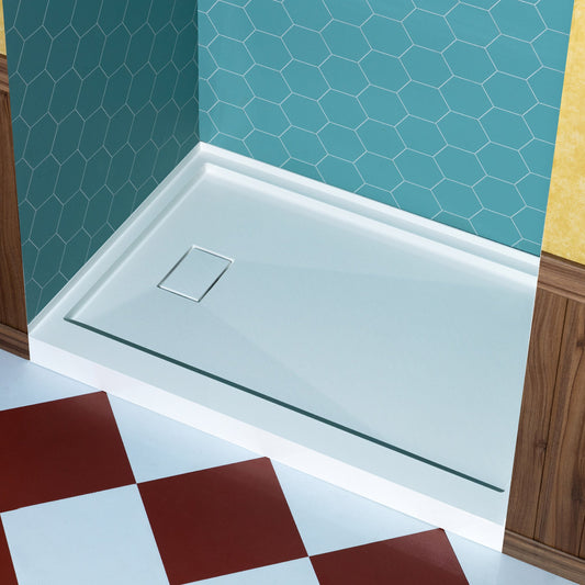 WOODBRIDGE 48 in. x 32 in. Solid Surface Shower Pan Base in White, Alcove Installation with Left Drain, Slip-Resistant & Mold-Resistant